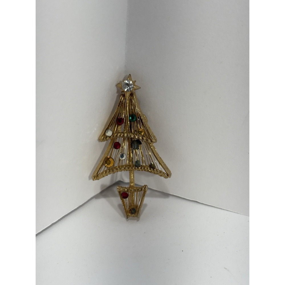 Signed Vintage‎ VENDOME Christmas Tree Gold Tone Wire Pin Holiday Brooch READ**